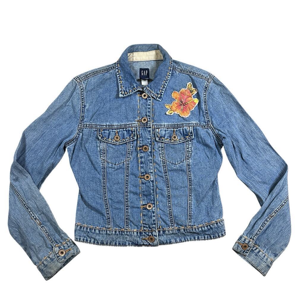 Vtg Y2K Gap Blue Jean Jacket Womens Floral Patch Orange stitching Size XS